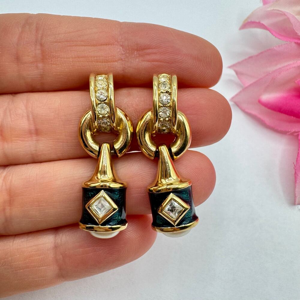 Vintage Piscitelli Blue Guilloche Door Knocker Earrings Gold Tone Rhinestones - Picture 3 of 10
